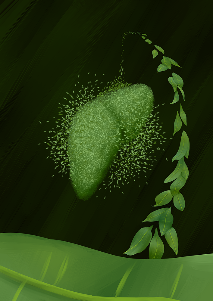 Digital painting of two green fruits dissolving into scattered particles beside a hanging vine of leaves, on a dark green background.